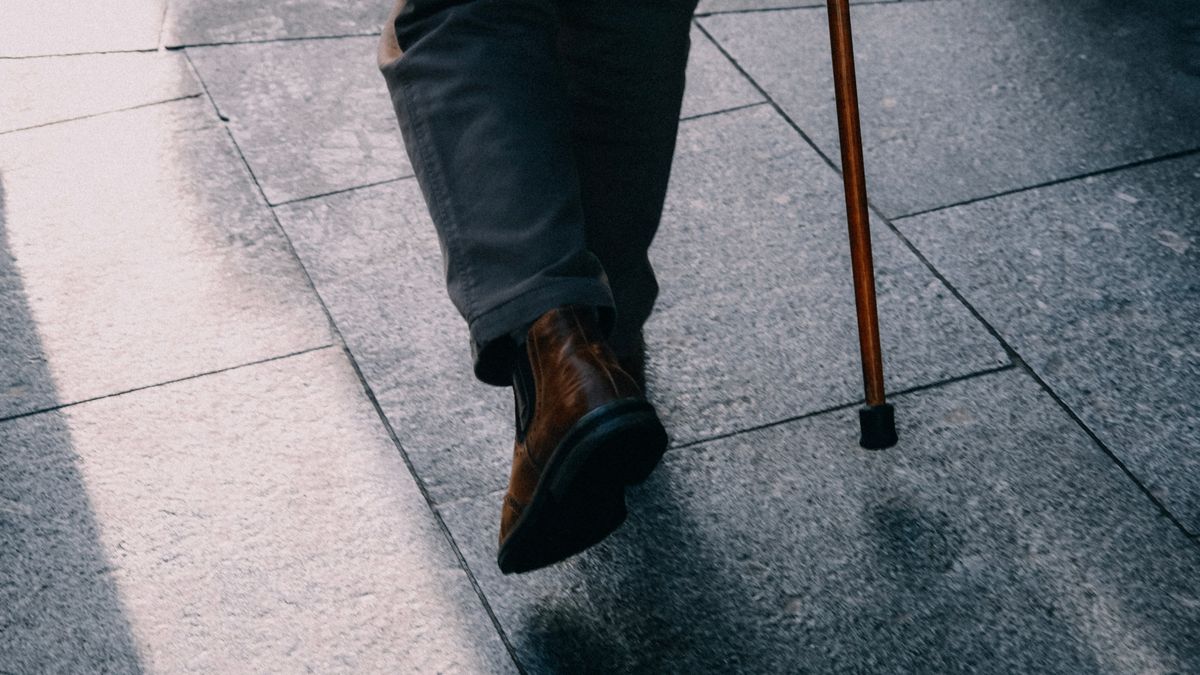 Brown leather Dr Scholl shoes with walking cane on pavement