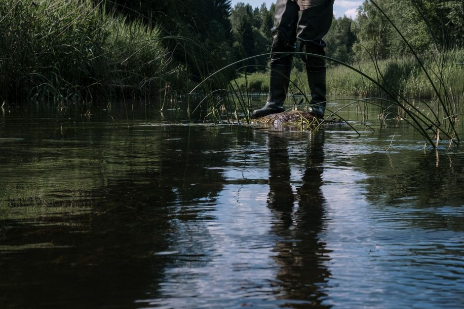 Boots standing in water representing TideWe waterproof hunting waders keeping hunters dry in cold water and marsh conditions